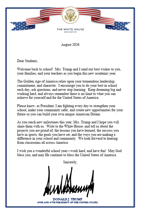 Back to school letter from President Trump.