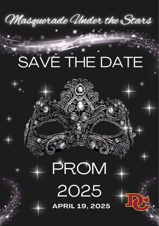 flyer advertising upcoming prom event with a mask on a starry background