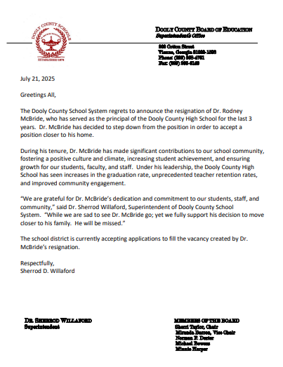 DCHS Principal's Resignation
