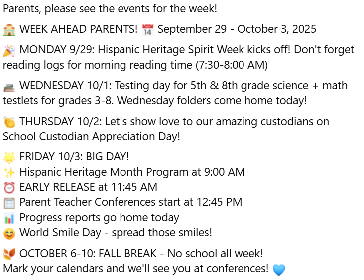 Activities for Sept. 29-Oct. 3, 2025