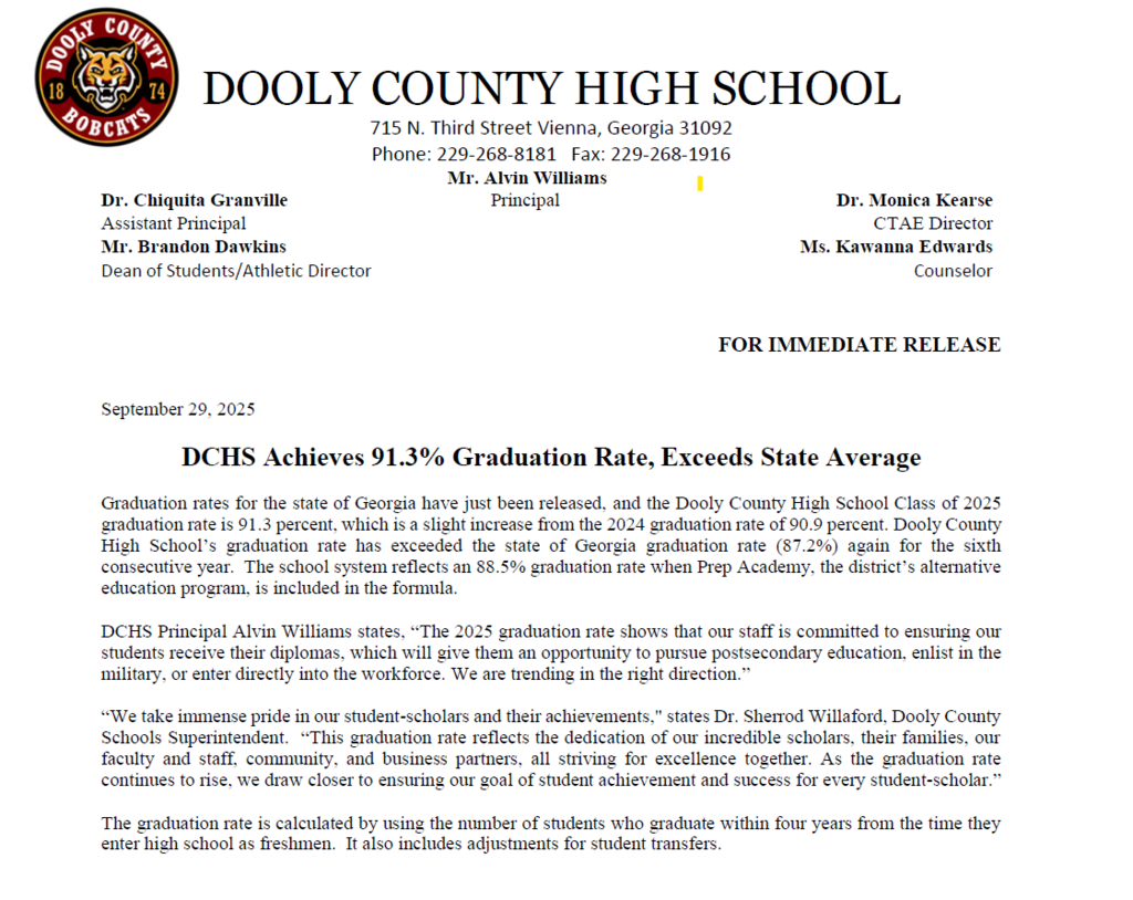 snip of letter advertising graduation rate for Dooly County High School