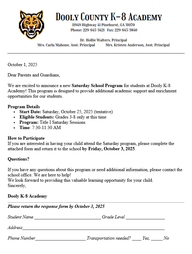 Saturday School Opportunity for Students in Grades 3-8