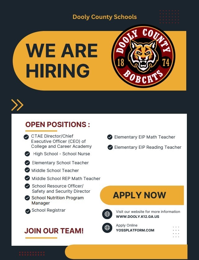 flyer in black and gold advertising We Are Hiring with a bobcat logo