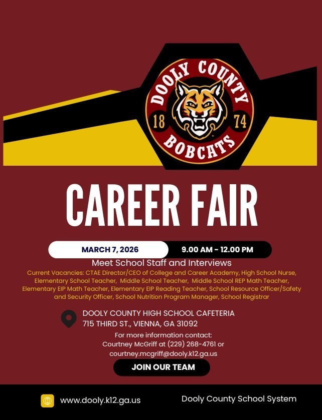 flyer for career fair in burgundy with text and a bobcat logo