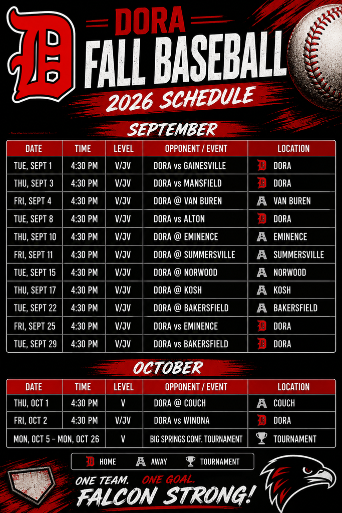 Dora Falcon Fall Baseball Schedule