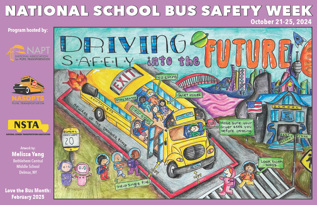 Student-drawn poster showing school bus safety tips