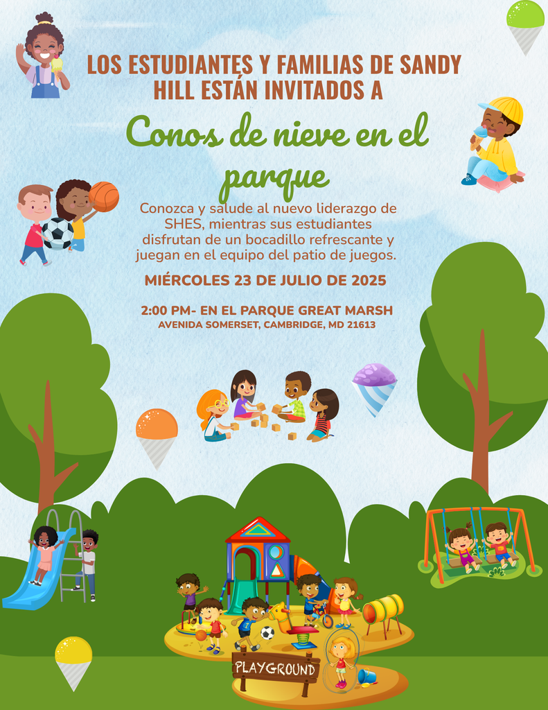 Spanish Flyer for Sno-Cones in the Park on July 23 from 2-4pm at Great Marsh Park