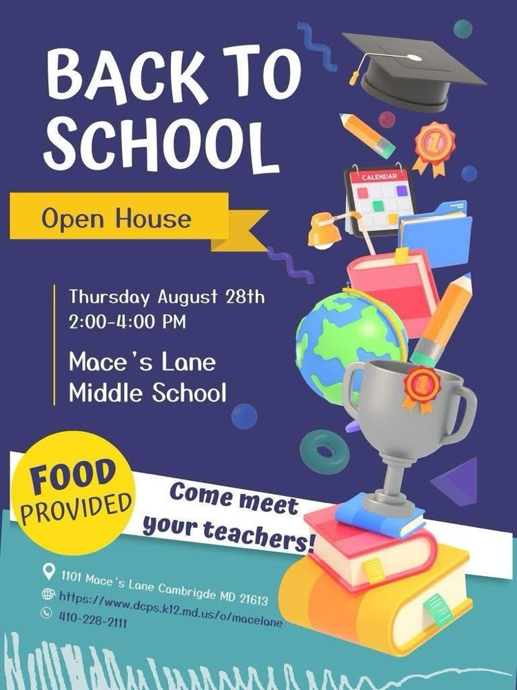 open house Thursday 8/28 from 2-4 at Mace’s lane middle school. food provided