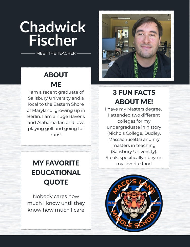 Mr Fischer. eastern shore native. graduate of Salisbury university. joining social studies  