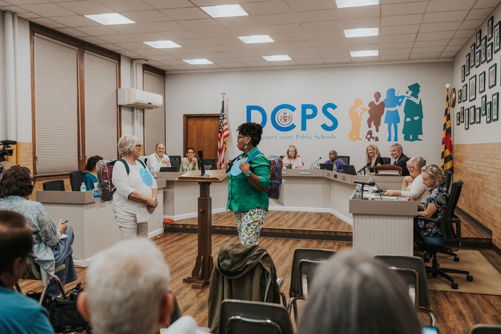 Dorchester Retired School Personnel Association presents clear backpacks to all DCPS elementary and middle schools.