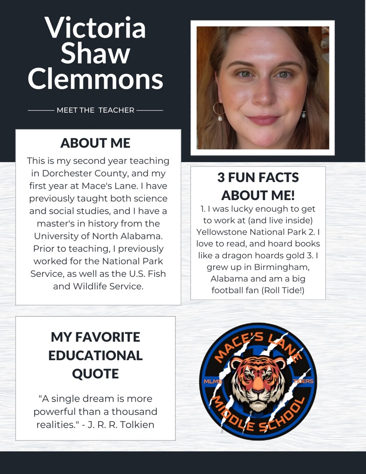 Victoria Shaw clemmons. taught at Maple last year and is excited to join our team. fun fact she got to work and live in Yellowstone!