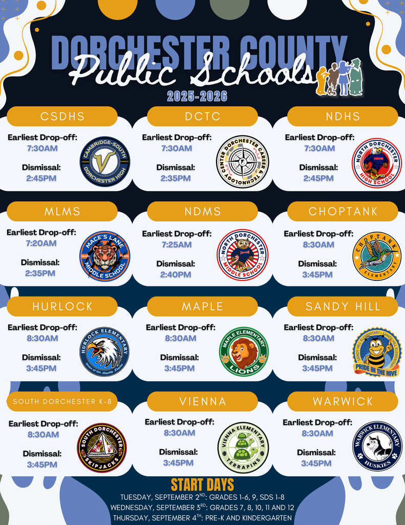 Dorchester County Drop-off/Dismissal times by school for school year 2025-2026