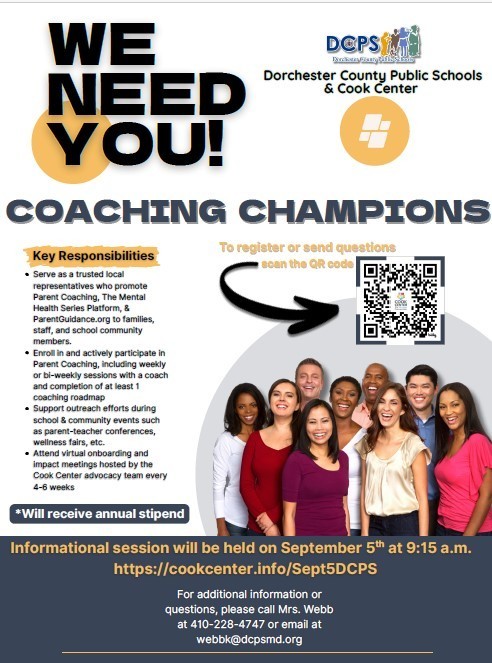 We need coaching champions! Will recieve an annual stipend. Information session will be held September 5th at 9:15 AM. https://cookcenter.info/Sept5DCPS