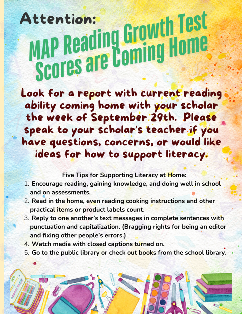 Look for a report coming home with your scholar's current reading ability to come home the week of September the 29th. If you have questions or concerns please reach out to the teacher.