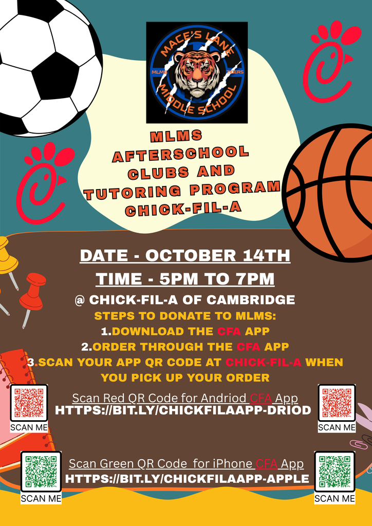 MLMS Afterschool Club and Tutoring Fundraiser - October 14th from 5 to 7 PM. Order online using the CFA App