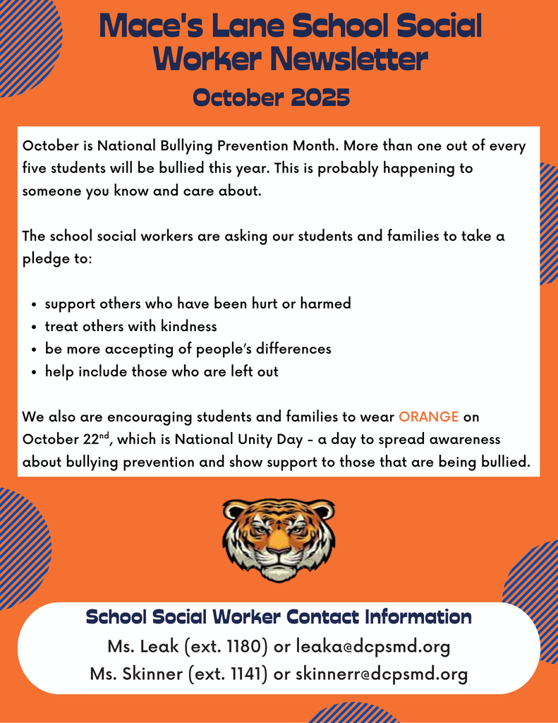 October Social Worker Newsletter. Bullying Prevention Month. Support others, treat others with kindness, be more accepting of differences, help include those who are left out.