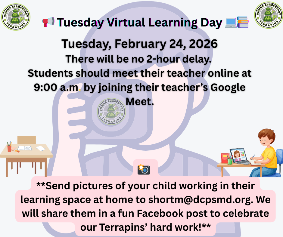 📢 Tuesday Virtual Learning Day 💻📚 Parents, please send pictures of your child’s “learning space” to shortm@dcpsmd