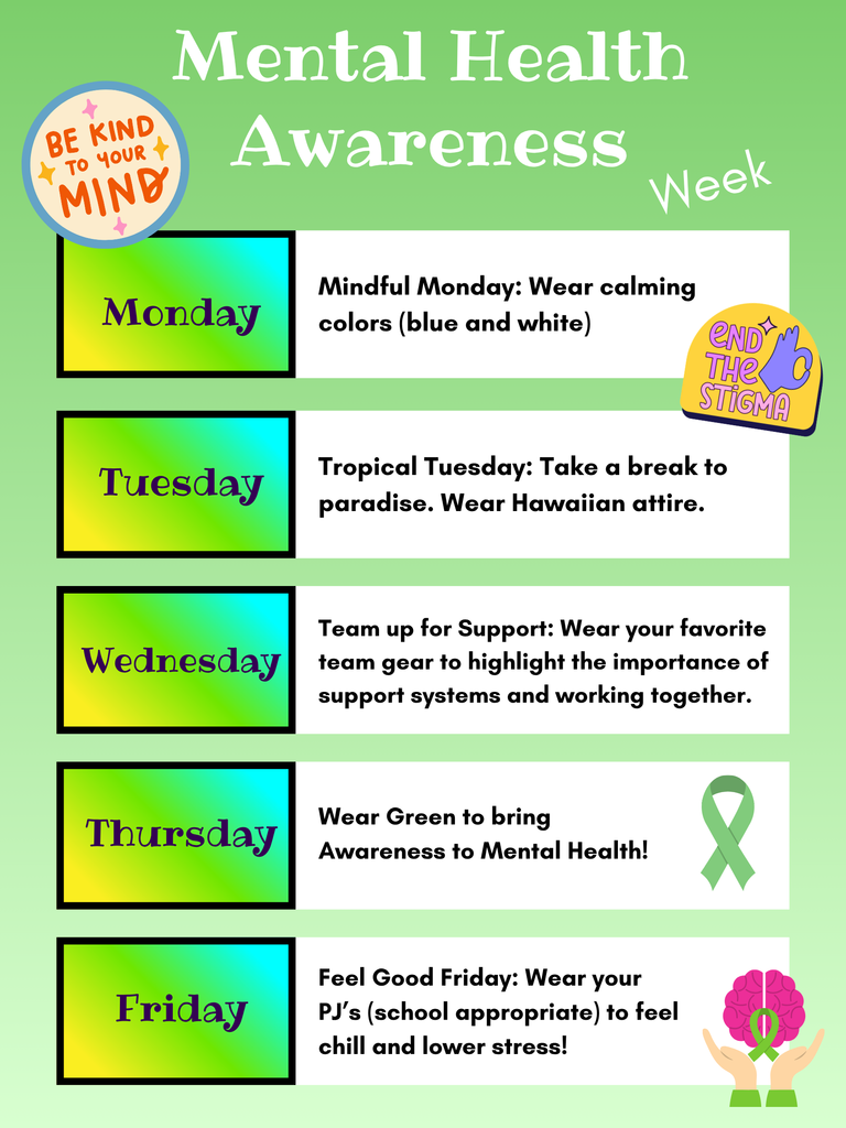 🚨💚🧠 IT’S ALMOST HERE! Mental Health Awareness Spirit Week is coming next week! Get ready to show OUT in your school spirit, rock the daily themes, and bring ALL the positivity, kindness, and energy to Mace's Lane Middle School! 🌟🔥 Let’s make this week unforgettable and lift each other up every day! 💚