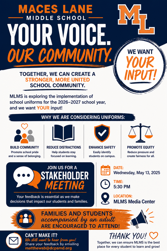 Flyer for uniforms requesting family presence at a shareholder meeting for uniforms at MLMS in 26/27