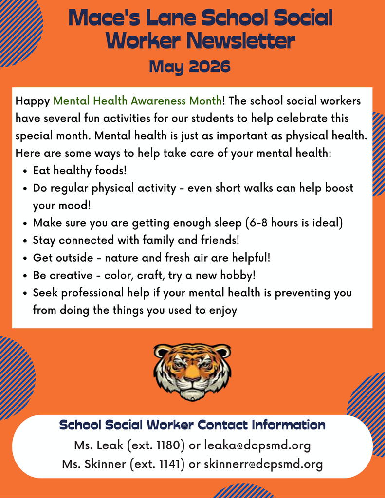 🧡🐯 May is Mental Health Awareness Month! 🐯🧡 At MLMS, we know that mental health is just as important as physical health. Our school social workers are helping students celebrate Mental Health Awareness Month with activities, support, and reminders about healthy ways to care for themselves each day. Some important reminders for our students and families: 💚 Eat healthy foods 💚 Stay active and get moving 💚 Get enough sleep 💚 Stay connected with friends and family 💚 Spend time outside and enjoy fresh air 💚 Be creative and explore hobbies you enjoy 💚 Reach out for help when needed We encourage our students to remember that it is okay to ask for support and that caring for your mental health matters every day. A huge thank you to our MLMS School Social Workers, Ms. Leak and Dr. Skinner, for the care, compassion, and support they provide to our students and school community each day! 🧡 #MLMS #MakingEveryStrideCount #MentalHealthAwarenessMonth #MLMSTigers #StudentSupport