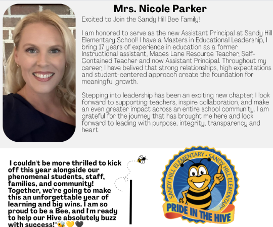 Nicole Parkers Intro to the Hive- I am honored to serve as the new AP at SHES. I have a Masters in Ed Leadership. 1Teacher and Now Assistant Principal. I believe strong relationships, high expectations and student-centered approach create the foundation for meaningful growth.