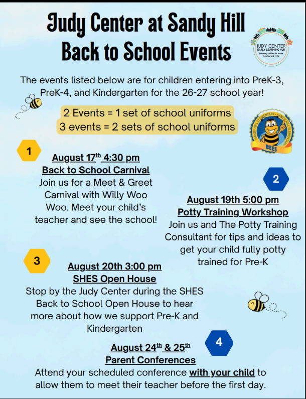 Calling all Pre-K and Kindergarten students! The Judy Center is offering free uniforms for attending back-to-school events and/or parent teacher conferences this month. Check out the flyer below and reach out to The Judy Center at Sandy Hill with questions! Carnival Registration: https://forms.gle/vEYN71kgmWYMERbx5 Potty Training Registration: https://forms.gle/EUGqYGtdf8xf1tiRA