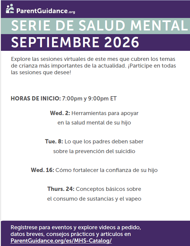 Eight graphics share September 2026 mental health and family resources in English and Spanish. ParentGuidance.org offers free virtual mental health sessions for parents and caregivers throughout September, covering topics including suicide prevention, building confidence, bullying, anxiety and depression, trauma, substance use and vaping, school avoidance, managing emotions, and other parenting concerns. Additional graphics highlight Suicide Prevention Month, including warning signs, ways to talk with children who may be struggling, and resources for families. The PEP Family Resiliency Program offers a free 8-week hybrid program for caregivers of children ages 2–18 beginning in October, as well as upcoming family events: Family Play and Pizza at Cabin Fever Play Centre on September 13, Parent Talk and Dinner at North Dorchester High School on September 30, and Parent Talk and Dinner at Mace’s Lane Middle School on October 8. Resources and registration links are provided in the accompanying post.