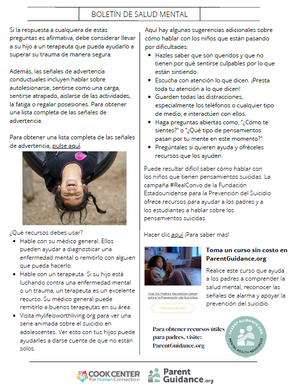 Eight graphics share September 2026 mental health and family resources in English and Spanish. ParentGuidance.org offers free virtual mental health sessions for parents and caregivers throughout September, covering topics including suicide prevention, building confidence, bullying, anxiety and depression, trauma, substance use and vaping, school avoidance, managing emotions, and other parenting concerns. Additional graphics highlight Suicide Prevention Month, including warning signs, ways to talk with children who may be struggling, and resources for families. The PEP Family Resiliency Program offers a free 8-week hybrid program for caregivers of children ages 2–18 beginning in October, as well as upcoming family events: Family Play and Pizza at Cabin Fever Play Centre on September 13, Parent Talk and Dinner at North Dorchester High School on September 30, and Parent Talk and Dinner at Mace’s Lane Middle School on October 8. Resources and registration links are provided in the accompanying post.