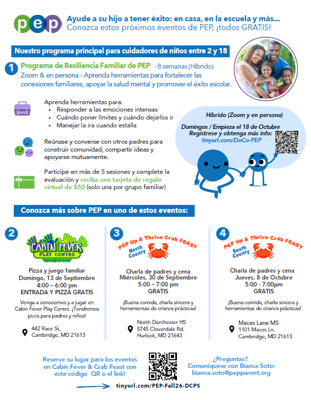 Eight graphics share September 2026 mental health and family resources in English and Spanish. ParentGuidance.org offers free virtual mental health sessions for parents and caregivers throughout September, covering topics including suicide prevention, building confidence, bullying, anxiety and depression, trauma, substance use and vaping, school avoidance, managing emotions, and other parenting concerns. Additional graphics highlight Suicide Prevention Month, including warning signs, ways to talk with children who may be struggling, and resources for families. The PEP Family Resiliency Program offers a free 8-week hybrid program for caregivers of children ages 2–18 beginning in October, as well as upcoming family events: Family Play and Pizza at Cabin Fever Play Centre on September 13, Parent Talk and Dinner at North Dorchester High School on September 30, and Parent Talk and Dinner at Mace’s Lane Middle School on October 8. Resources and registration links are provided in the accompanying post.