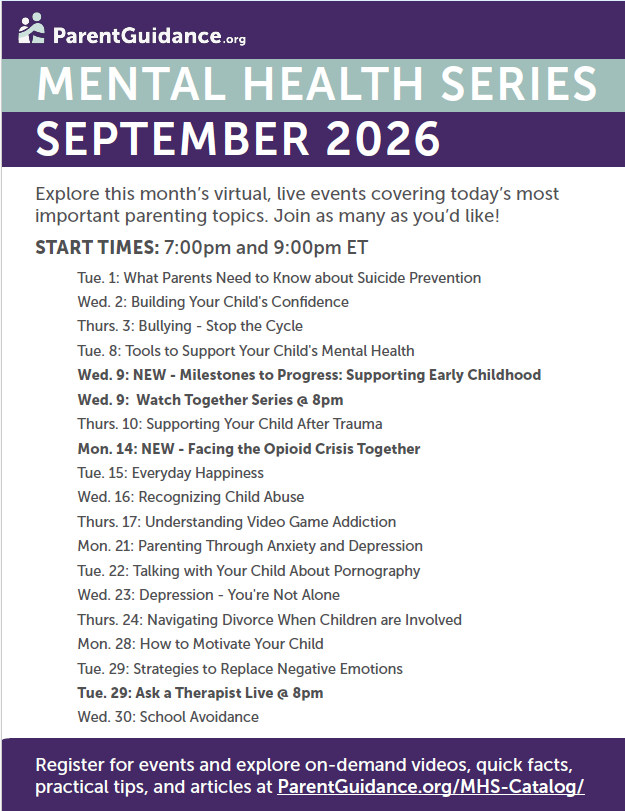 Eight graphics share September 2026 mental health and family resources in English and Spanish. ParentGuidance.org offers free virtual mental health sessions for parents and caregivers throughout September, covering topics including suicide prevention, building confidence, bullying, anxiety and depression, trauma, substance use and vaping, school avoidance, managing emotions, and other parenting concerns. Additional graphics highlight Suicide Prevention Month, including warning signs, ways to talk with children who may be struggling, and resources for families. The PEP Family Resiliency Program offers a free 8-week hybrid program for caregivers of children ages 2–18 beginning in October, as well as upcoming family events: Family Play and Pizza at Cabin Fever Play Centre on September 13, Parent Talk and Dinner at North Dorchester High School on September 30, and Parent Talk and Dinner at Mace’s Lane Middle School on October 8. Resources and registration links are provided in the accompanying post.