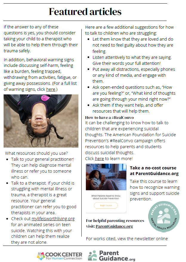 Eight graphics share September 2026 mental health and family resources in English and Spanish. ParentGuidance.org offers free virtual mental health sessions for parents and caregivers throughout September, covering topics including suicide prevention, building confidence, bullying, anxiety and depression, trauma, substance use and vaping, school avoidance, managing emotions, and other parenting concerns. Additional graphics highlight Suicide Prevention Month, including warning signs, ways to talk with children who may be struggling, and resources for families. The PEP Family Resiliency Program offers a free 8-week hybrid program for caregivers of children ages 2–18 beginning in October, as well as upcoming family events: Family Play and Pizza at Cabin Fever Play Centre on September 13, Parent Talk and Dinner at North Dorchester High School on September 30, and Parent Talk and Dinner at Mace’s Lane Middle School on October 8. Resources and registration links are provided in the accompanying post.
