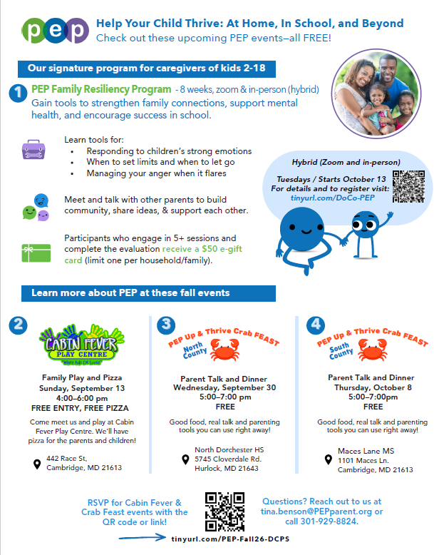 Eight graphics share September 2026 mental health and family resources in English and Spanish. ParentGuidance.org offers free virtual mental health sessions for parents and caregivers throughout September, covering topics including suicide prevention, building confidence, bullying, anxiety and depression, trauma, substance use and vaping, school avoidance, managing emotions, and other parenting concerns. Additional graphics highlight Suicide Prevention Month, including warning signs, ways to talk with children who may be struggling, and resources for families. The PEP Family Resiliency Program offers a free 8-week hybrid program for caregivers of children ages 2–18 beginning in October, as well as upcoming family events: Family Play and Pizza at Cabin Fever Play Centre on September 13, Parent Talk and Dinner at North Dorchester High School on September 30, and Parent Talk and Dinner at Mace’s Lane Middle School on October 8. Resources and registration links are provided in the accompanying post.