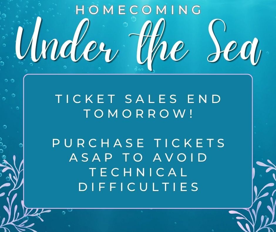 Just a reminder that ticket sales for homecoming will end tomorrow. Please purchase tickets as early as possible so that any technical difficulties may be resolved by the end of the day tomorrow, Wednesday, October 7th.   Tickets are $15 and must be purchased through GoFan. The access code will be the student's ID number. If they are bring an out-of-school guest, the code for the guest ticket will also be the host student's ID number.   Link for NDHS student ticket: https://gofan.co/event/6934235?schoolId=MD22645 Link for out-of-school guests ticket: https://gofan.co/event/6934248?schoolId=MD22645
