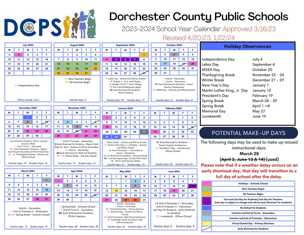 School calendar indicating changes as in above text