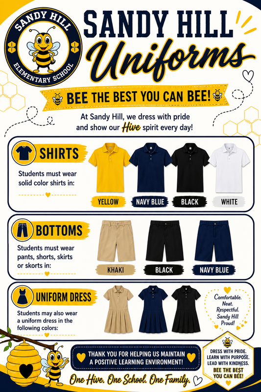 uniform option (yellow, blue, black, or white shirt.. khaki, black , or blue bottoms, dresses allowed