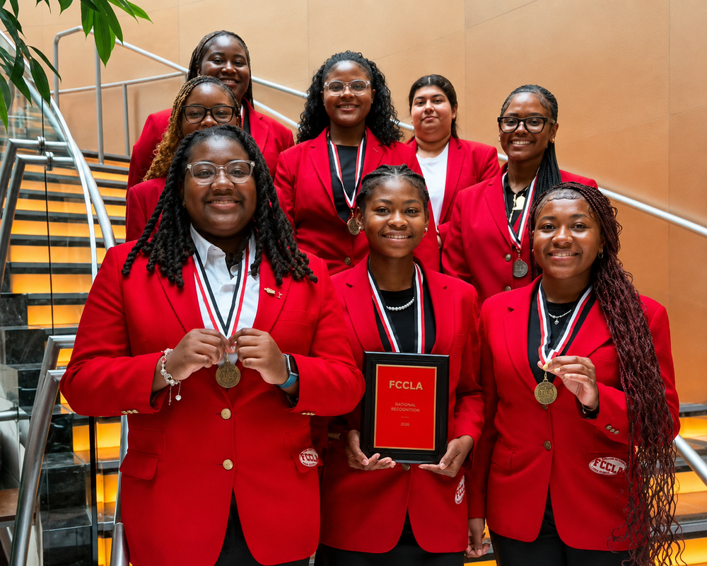 Eight Woodland High School FCCLA students wearing red official blazers stand on an indoor staircase, smiling while displaying medals and a national recognition plaque earned at the 2026 FCCLA National Leadership Conference.