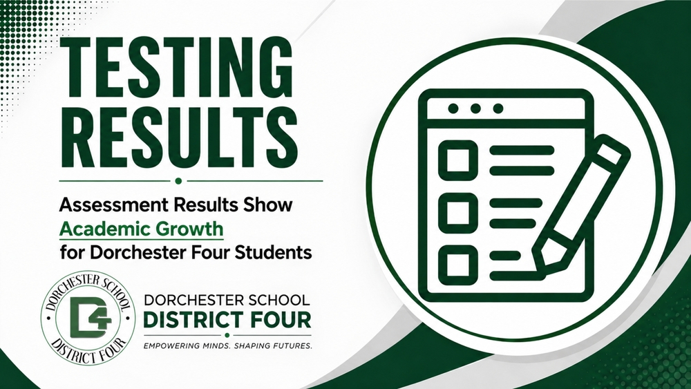 Testing Results graphic for Dorchester School District Four. Text states that assessment results show academic growth for Dorchester Four students. The graphic features the district logo, green and white branding, and an icon of a test sheet with a pencil.