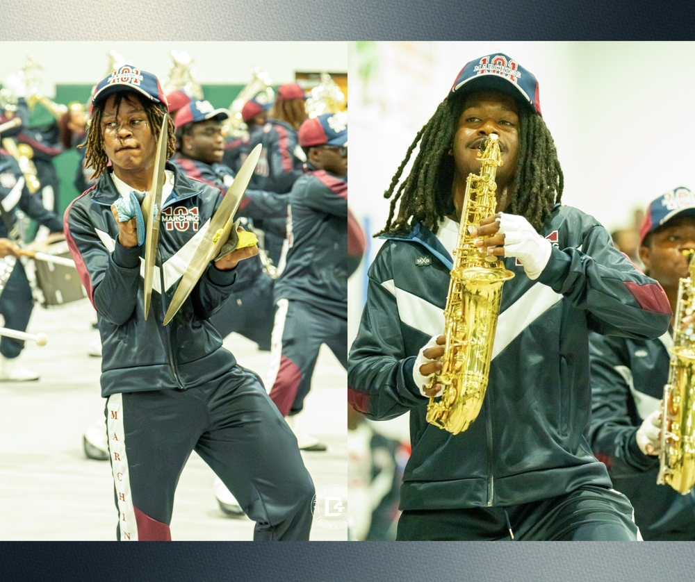 Two side-by-side photos of high school marching band members performing indoors: on the left, a percussionist in a matching band uniform plays cymbals with focused intensity; on the right, a saxophonist in the same uniform plays while marching, with other band members visible in the background.