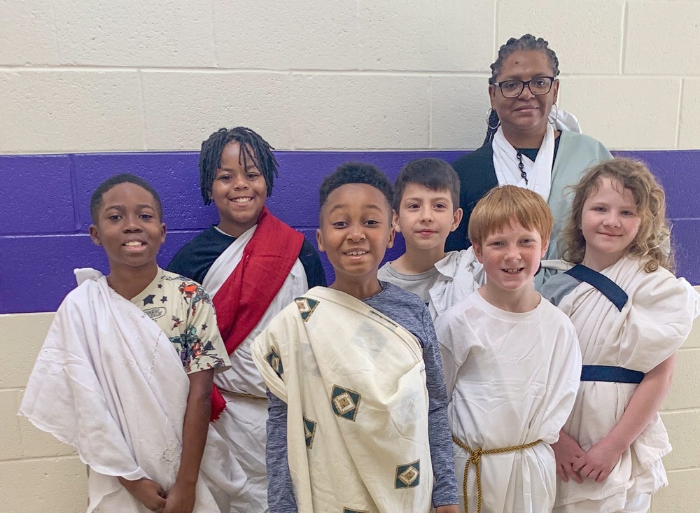 Mrs. Washington and her class dressed up in roman attire