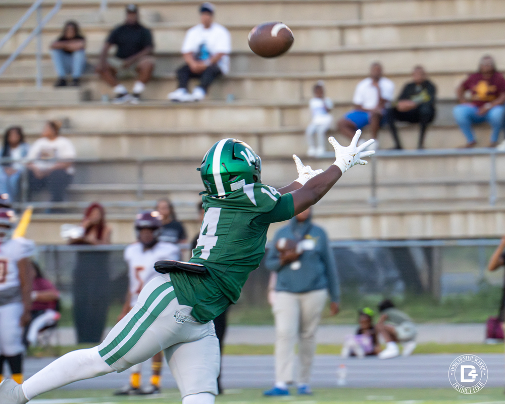 A Woodland High School football player in a green jersey with the number 14 stretches forward with both arms extended, attempting to catch a football midair. The action takes place on the field with blurred spectators in the stands behind him, creating a sense of motion and intensity.