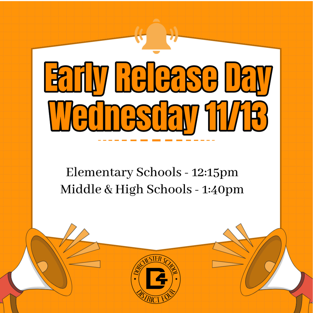 Tomorrow, 11/13, is an early release day. Elementary schools will dismiss at 12:15pm. The Middle and High School will dismiss at 1:40pm. 