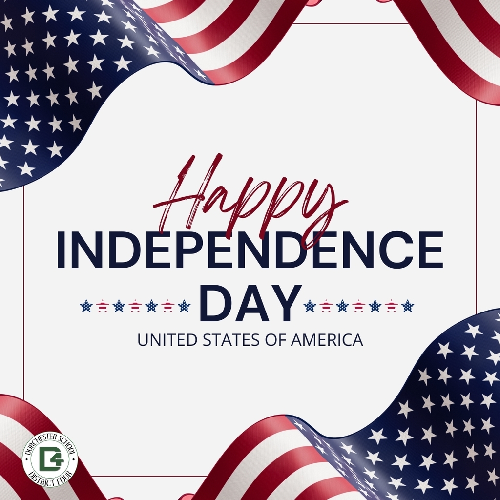 Graphic that reads, "Happy Independence Day. United States of America" Flag decor and DD4 logo