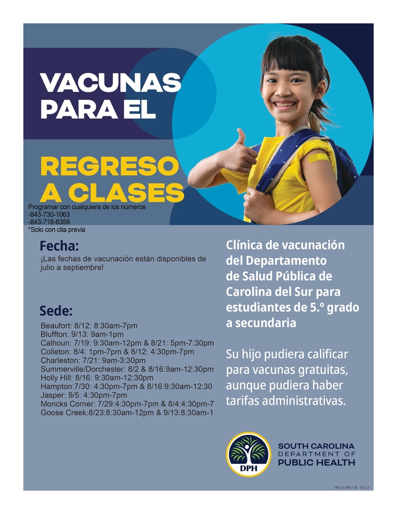 Folleto de la Clínica de Vacunación de Regreso a Clases del Departamento de Salud Pública de Carolina del Sur. Para estudiantes de 5.º grado a secundaria. Se requiere cita previa. Fechas y ubicaciones disponibles de julio a septiembre.