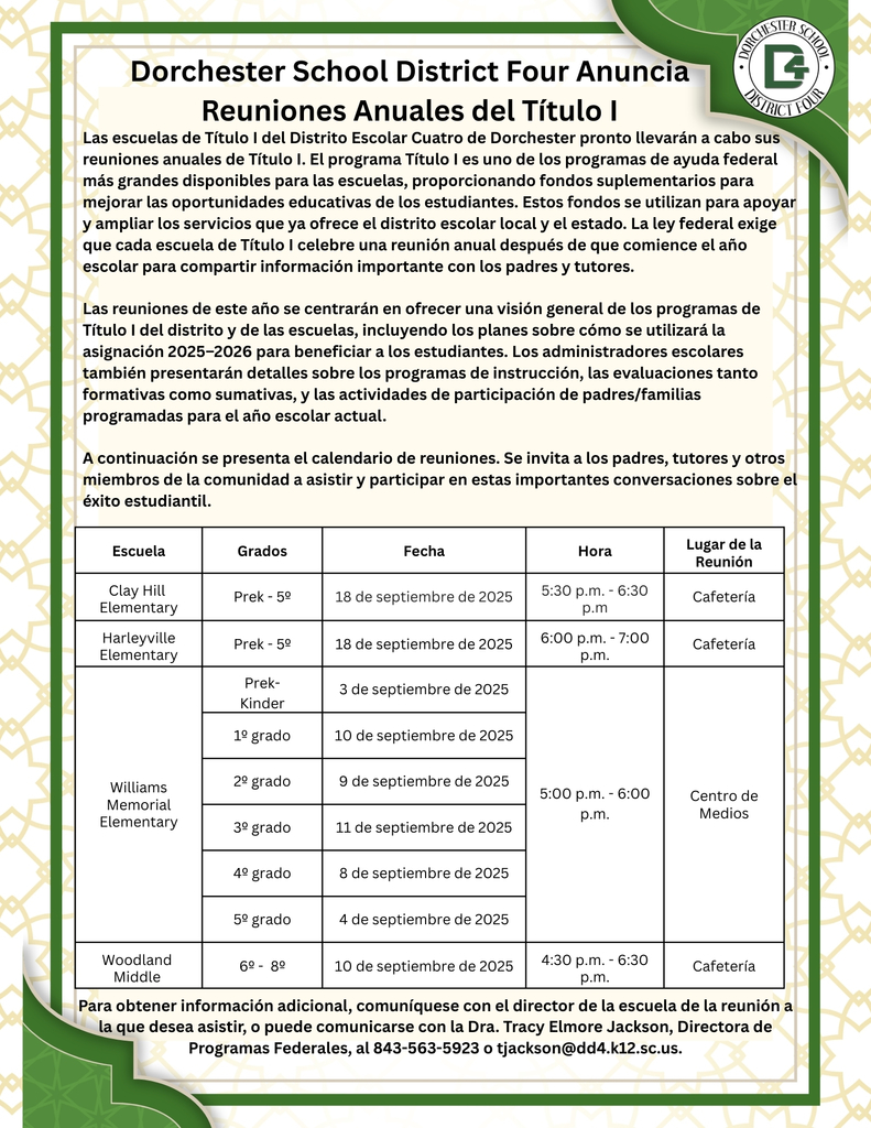 Folleto titulado “Dorchester School District Four Anuncia Reuniones Anuales del Título I.” El folleto explica que el programa Título I proporciona fondos federales para apoyar y ampliar los servicios educativos y que las escuelas deben celebrar reuniones anuales. El folleto incluye fechas, horas, grados y lugares para Clay Hill Elementary, Harleyville Elementary, Williams Memorial Elementary y Woodland Middle. Clay Hill: 18 de septiembre de 2025, 5:30–6:30 p.m., cafetería. Harleyville: 18 de septiembre de 2025, 6:00–7:00 p.m., cafetería. Williams Memorial: 3 de septiembre (Pre-Kinder), 4 de septiembre (5º grado), 8 de septiembre (4º grado), 9 de septiembre (2º grado), 10 de septiembre (1º grado), 11 de septiembre (3º grado), todos de 5:00–6:00 p.m., centro de medios. Woodland Middle: 10 de septiembre de 2025, 4:30–6:30 p.m., cafetería. La información de contacto de la Dra. Tracy Elmore Jackson aparece al final.