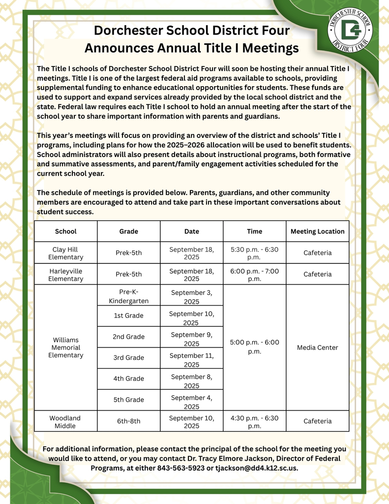 Flyer titled “Dorchester School District Four Announces Annual Title I Meetings.” The flyer explains that Title I provides federal funding to support and expand educational services and that schools are required to hold annual meetings. The flyer lists meeting dates, times, grades, and locations for Clay Hill Elementary, Harleyville Elementary, Williams Memorial Elementary, and Woodland Middle. Clay Hill: September 18, 2025, 5:30–6:30 p.m., cafeteria. Harleyville: September 18, 2025, 6:00–7:00 p.m., cafeteria. Williams Memorial: September 3 (Pre-K), September 4 (5th grade), September 8 (4th grade), September 9 (2nd grade), September 10 (1st grade), September 11 (3rd grade), all from 5:00–6:00 p.m., media center. Woodland Middle: September 10, 2025, 4:30–6:30 p.m., cafeteria. Contact information for Dr. Tracy Elmore Jackson is provided at the bottom.