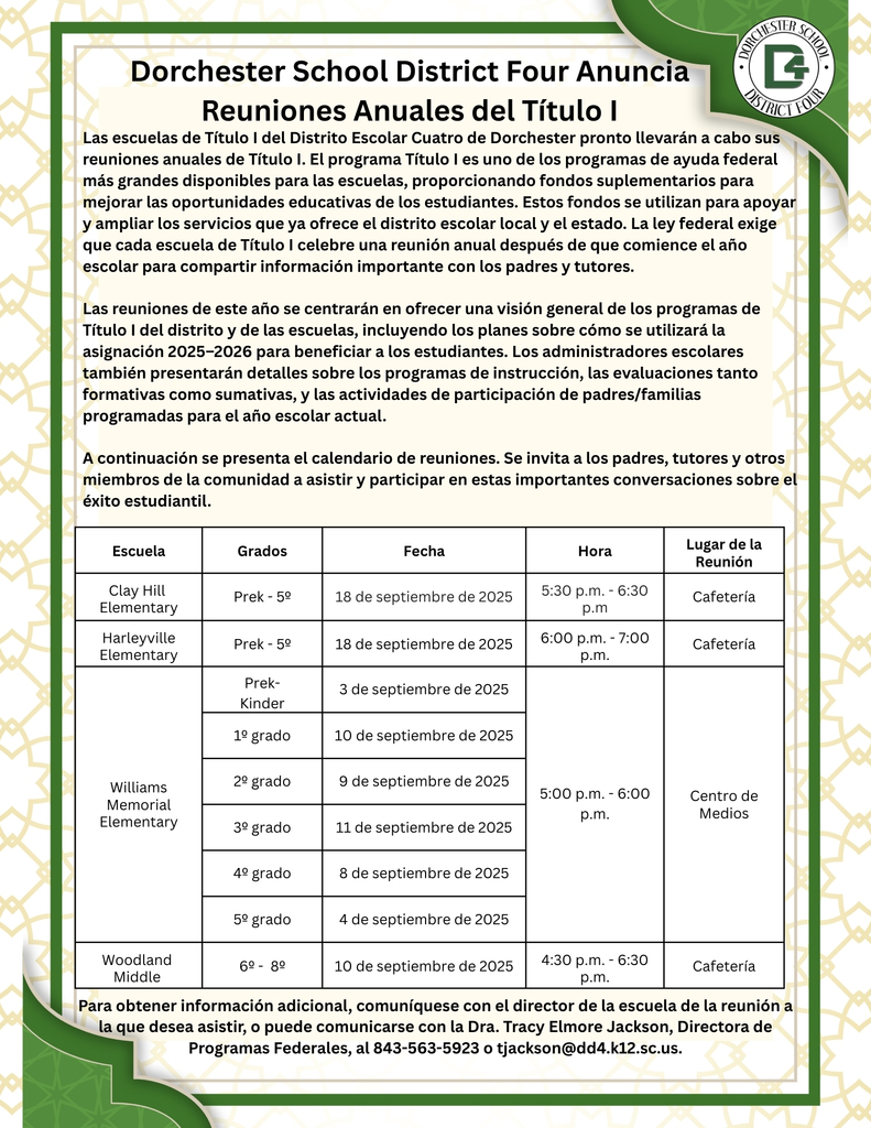 Folleto titulado “Dorchester School District Four Anuncia Reuniones Anuales del Título I.” El folleto explica que el programa Título I proporciona fondos federales para apoyar y ampliar los servicios educativos y que las escuelas deben celebrar reuniones anuales. El folleto incluye fechas, horas, grados y lugares para Clay Hill Elementary, Harleyville Elementary, Williams Memorial Elementary y Woodland Middle. Clay Hill: 18 de septiembre de 2025, 5:30–6:30 p.m., cafetería. Harleyville: 18 de septiembre de 2025, 6:00–7:00 p.m., cafetería. Williams Memorial: 3 de septiembre (Pre-Kinder), 4 de septiembre (5º grado), 8 de septiembre (4º grado), 9 de septiembre (2º grado), 10 de septiembre (1º grado), 11 de septiembre (3º grado), todos de 5:00–6:00 p.m., centro de medios. Woodland Middle: 10 de septiembre de 2025, 4:30–6:30 p.m., cafetería. La información de contacto de la Dra. Tracy Elmore Jackson aparece al final.