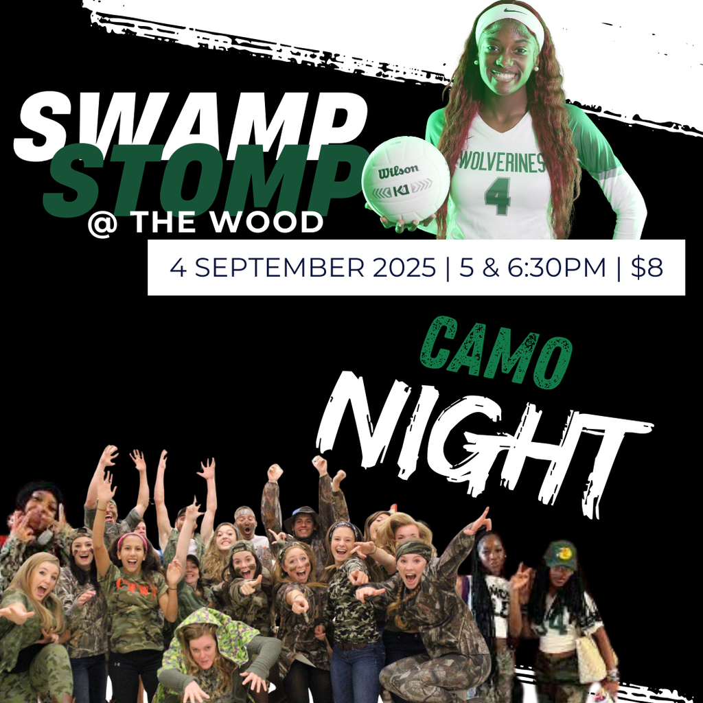 Flyer for Woodland High School volleyball event titled "Swamp Stomp @ The Wood." The top half shows a smiling volleyball player in a green-and-white Wolverines uniform holding a ball. The bottom half features a large group of excited students dressed in camouflage gear, cheering and pointing toward the camera. Text reads: "4 September 2025 | 5 & 6:30PM | $8 – Camo Night.