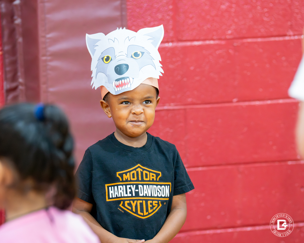 A young boy in a Harley-Davidson T-shirt smiles while wearing a paper wolf mask as the Big Bad Wolf