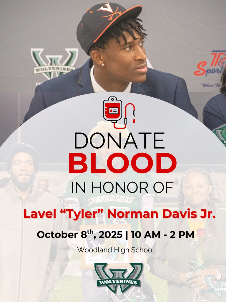 Flyer promoting a blood drive in honor of Lavel “Tyler” Norman Davis Jr. The top half features a photo of Tyler wearing a University of Virginia cap and suit at a signing event. Below, in large text, it reads: “Donate Blood in Honor of Lavel ‘Tyler’ Norman Davis Jr.” The date and time are listed as October 8, 2025, from 10 AM to 2 PM at Woodland High School. The Woodland Wolverines logo appears at the bottom.