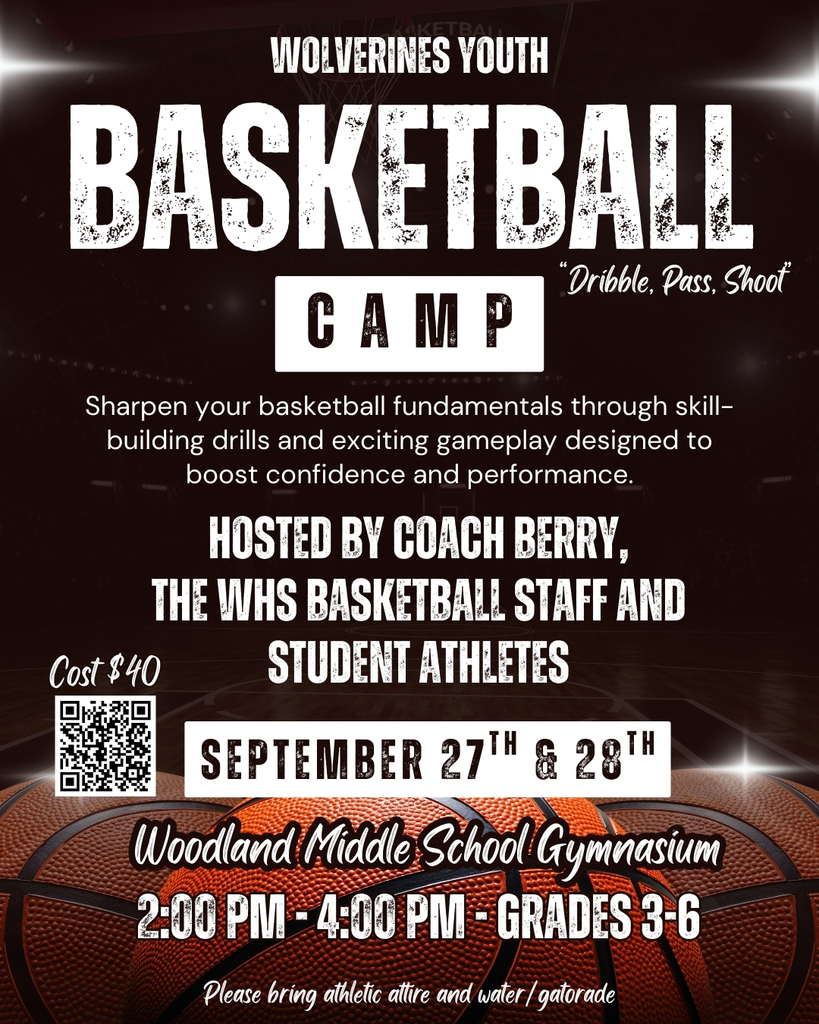 Flyer with a dark basketball court background and basketballs along the bottom. The top text reads: “Wolverines Youth Basketball Camp – Dribble, Pass, Shoot.” Information includes: sharpen your basketball fundamentals with skill-building drills and gameplay. Hosted by Coach Berry, the WHS basketball staff, and student athletes. Dates: September 27–28. Location: Woodland Middle School Gymnasium. Time: 2:00–4:00 PM. Grades: 3–6. Cost: $40. A QR code is shown for registration.